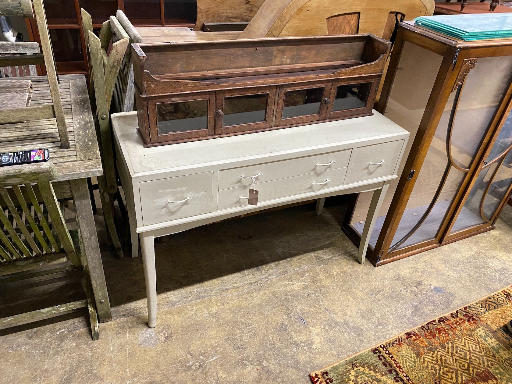 A contemporary painted dressing table together with a Victorian oak desk superstructure, larger width 112cm, depth 46cm, height 77cm